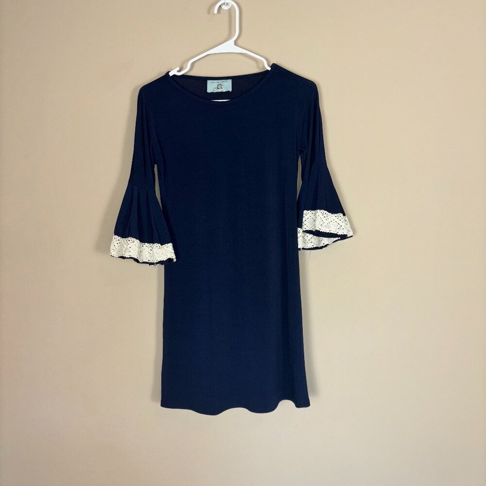 Judith March Navy Bell Sleeve Dress with Lace Trim - Size M